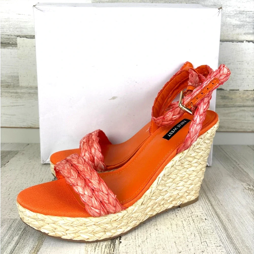 Nine West Womens 10 Orange Henri Espadrille Woven Wedge Sandals NWT